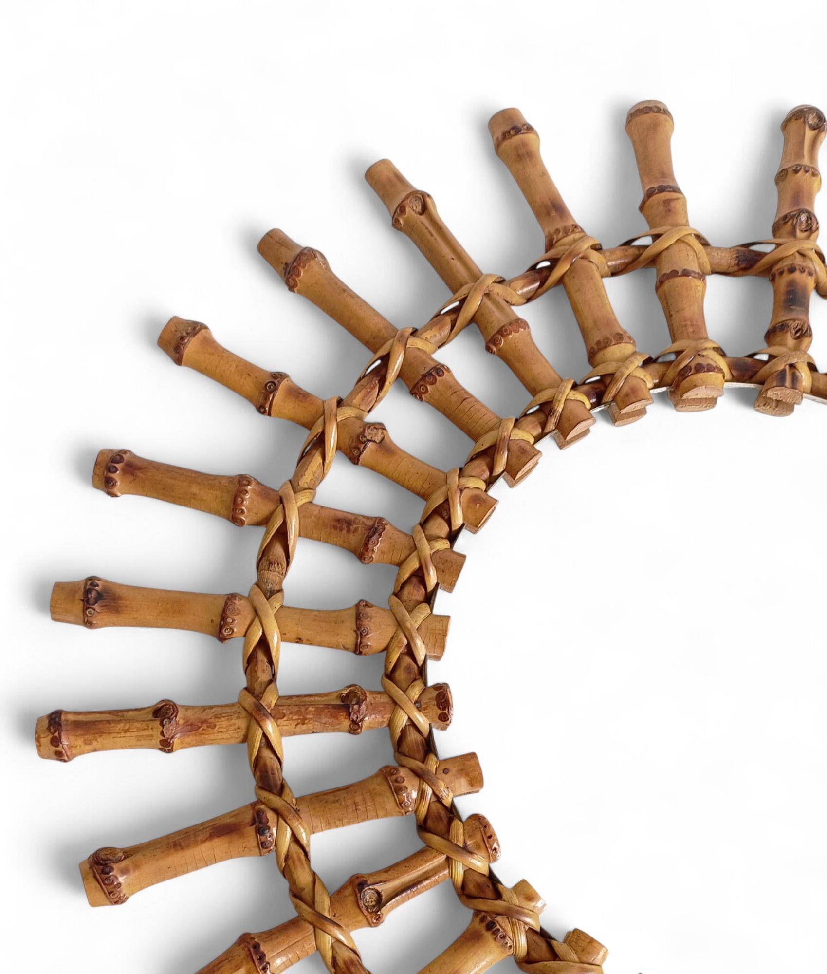 Midcentury Sunburst Mirror, Bamboo & Rattan, Handmade in France, 1950s