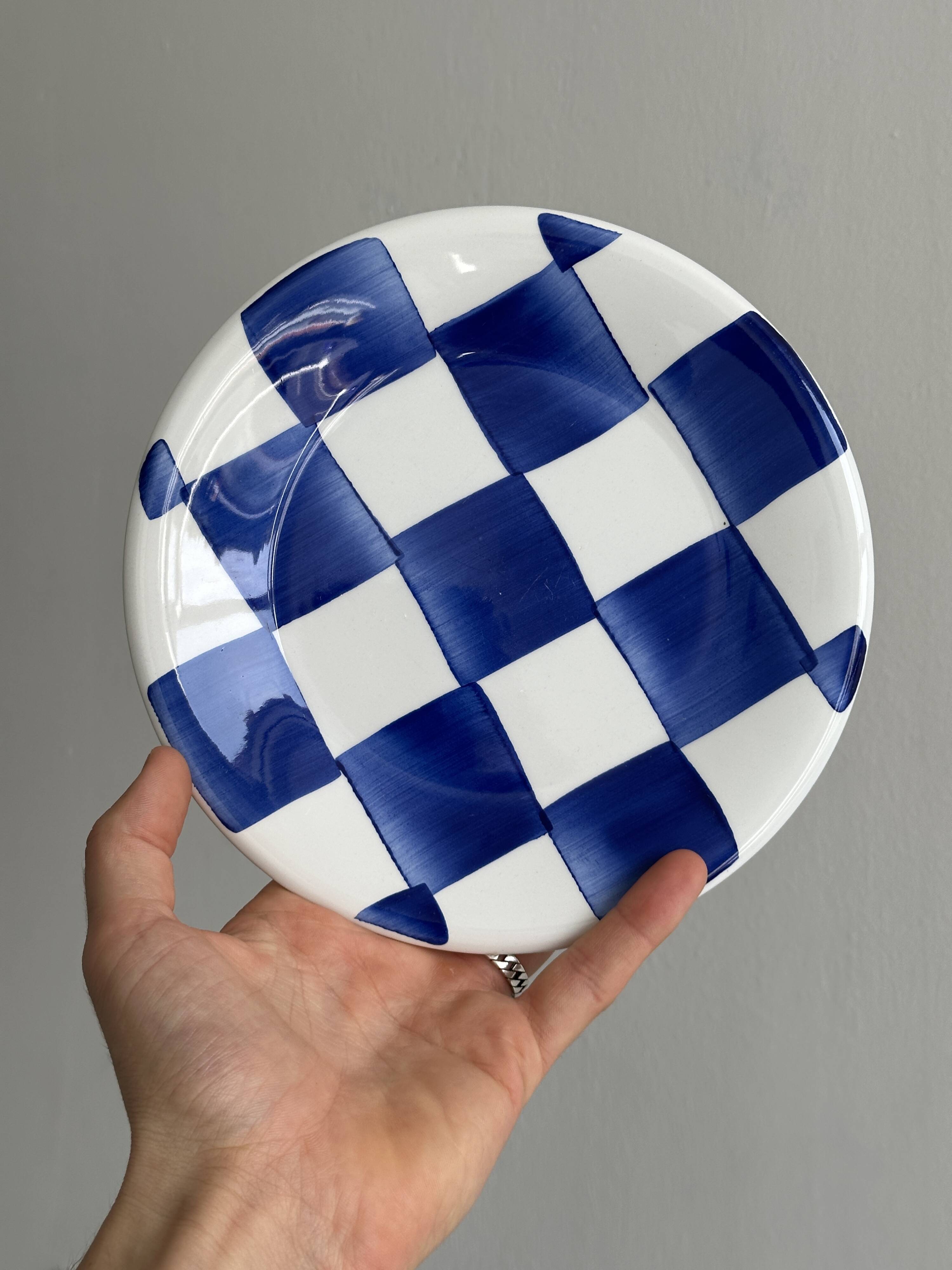 Set of 5 blue and white checkered porcelain dessert plates