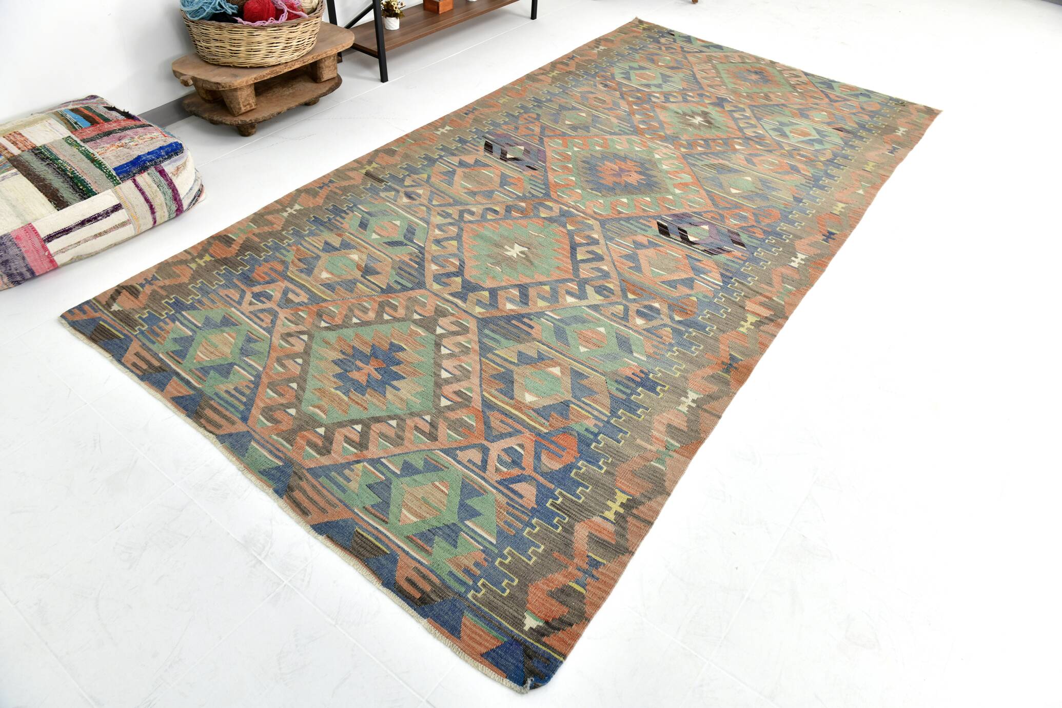 5x11 Green & Blue Tribal Turkish Vintage Kilim Rug 170x333Cm SK 35197