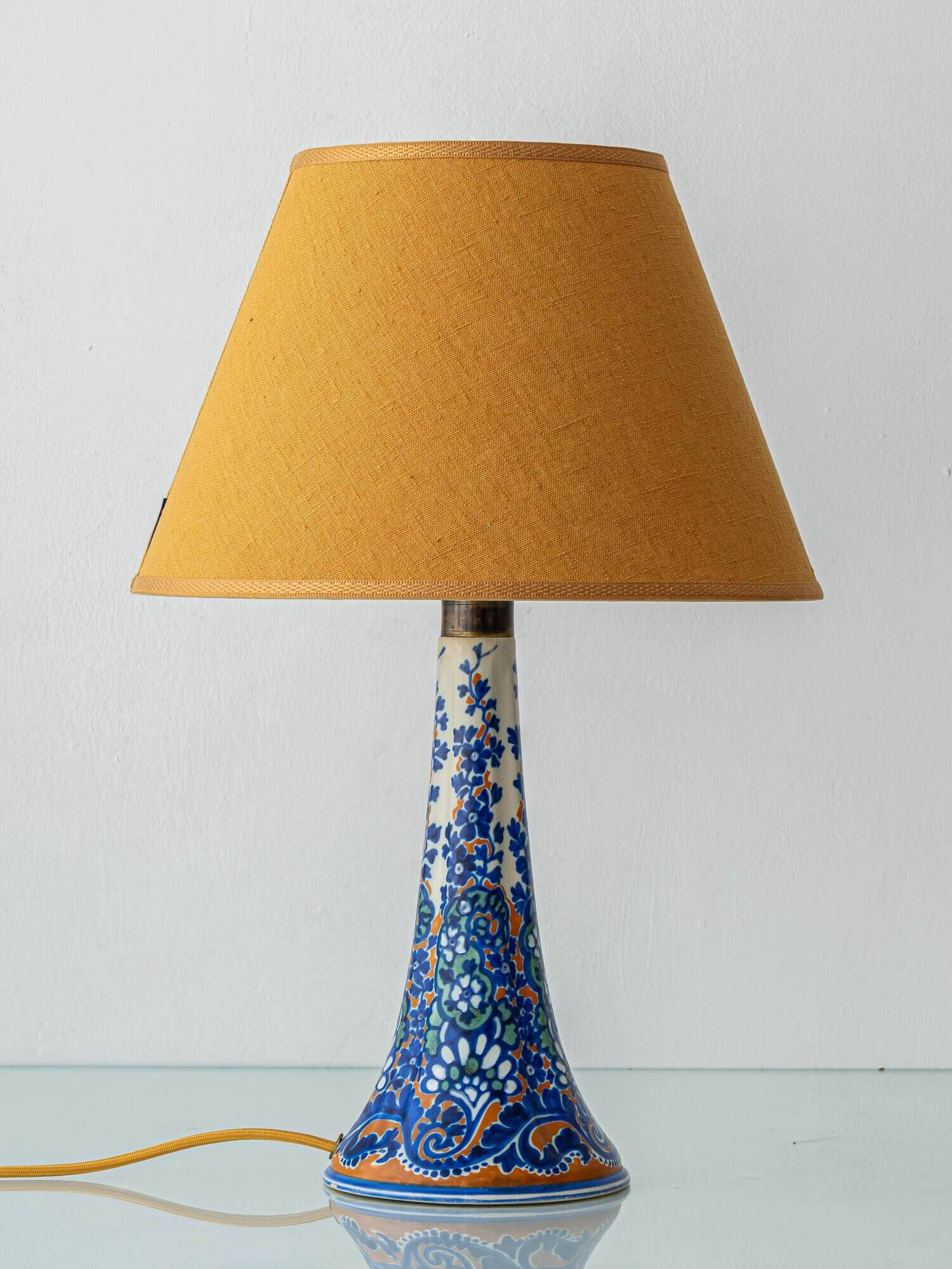 Antique Art Deco Gouda Pottery Table Lamp, c. 1910-35, New Ochre Linen Shade