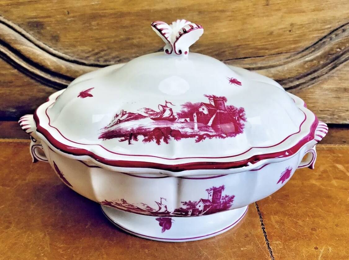 Old small Gien earthenware vegetable soup tureen, pink landscape model