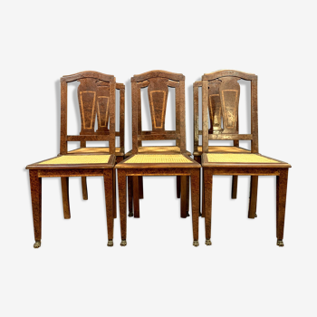 Série de 6 chaises empire/directoire en marqueterie de loupe d'amboine et filets de bois clair vers