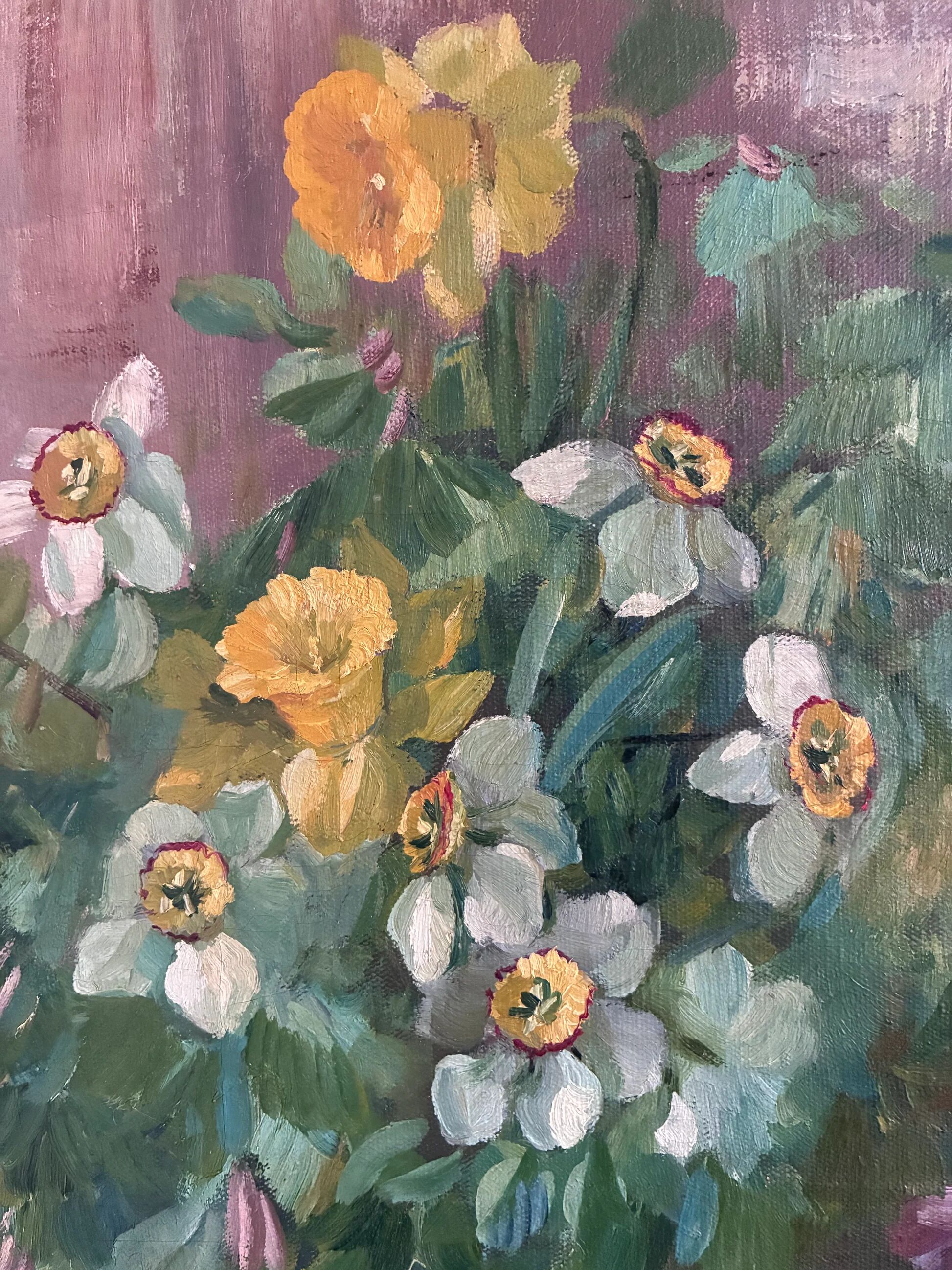 Large vintage original floral still life painting with fruit