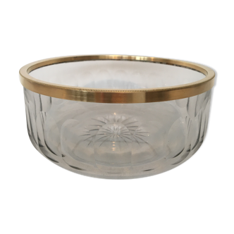 Saladier cristal taillé cerclé métal doré