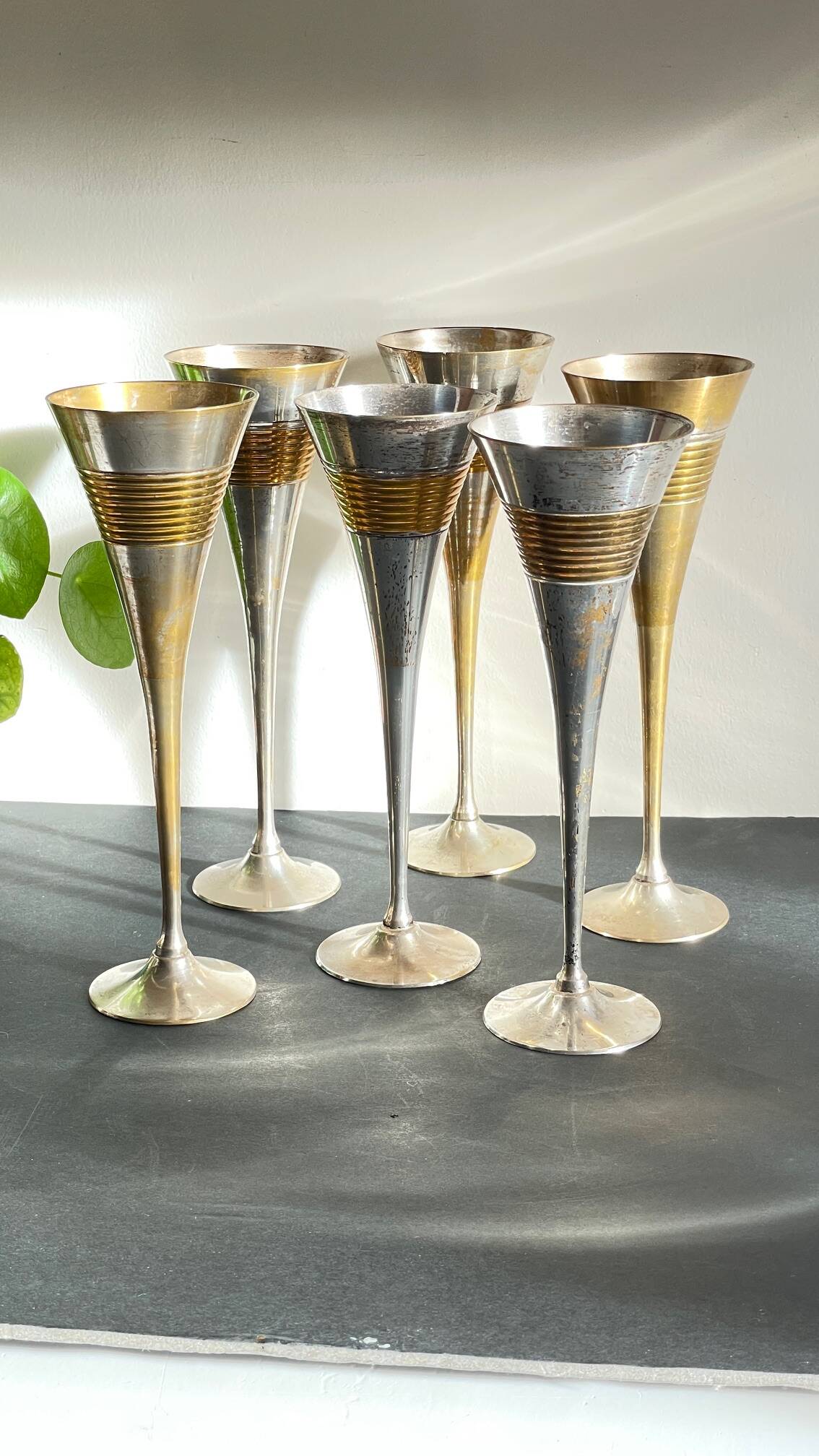 6 Vintage Silver-Plated Brass Champagne Flutes