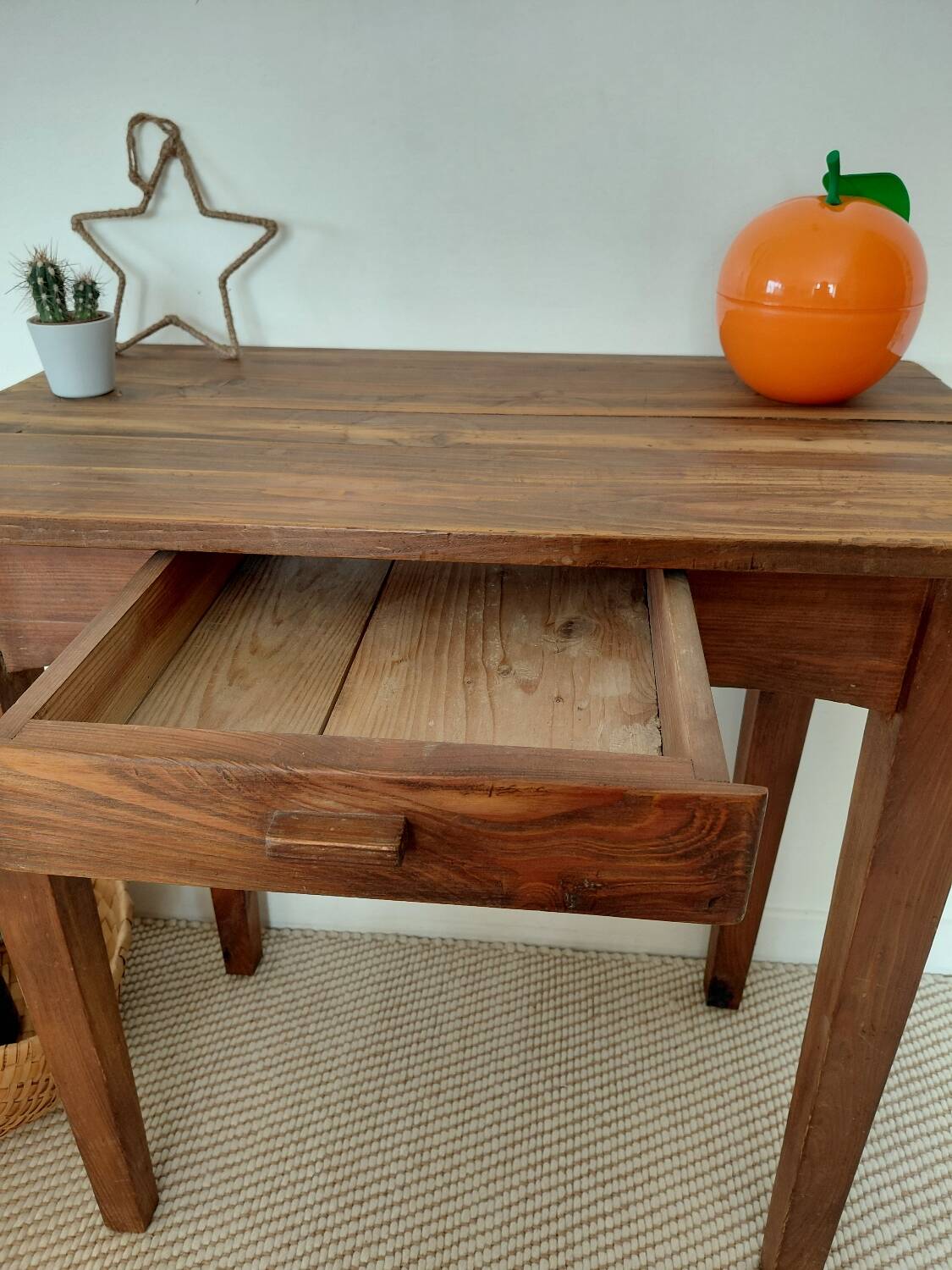 Small antique solid wood table in chic country style with a drawer.
