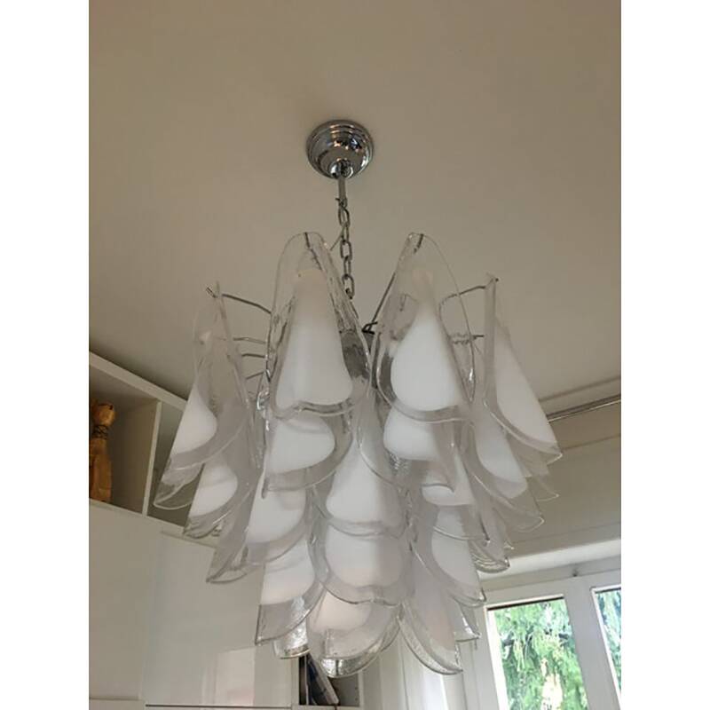 "Rondine" White and Transparent Murano Glass Chrome Frame Sputnik Chandelier