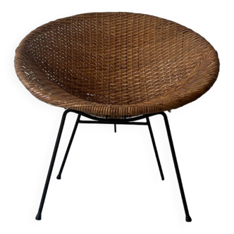 basket armchair in rattan and black metal, design 1950