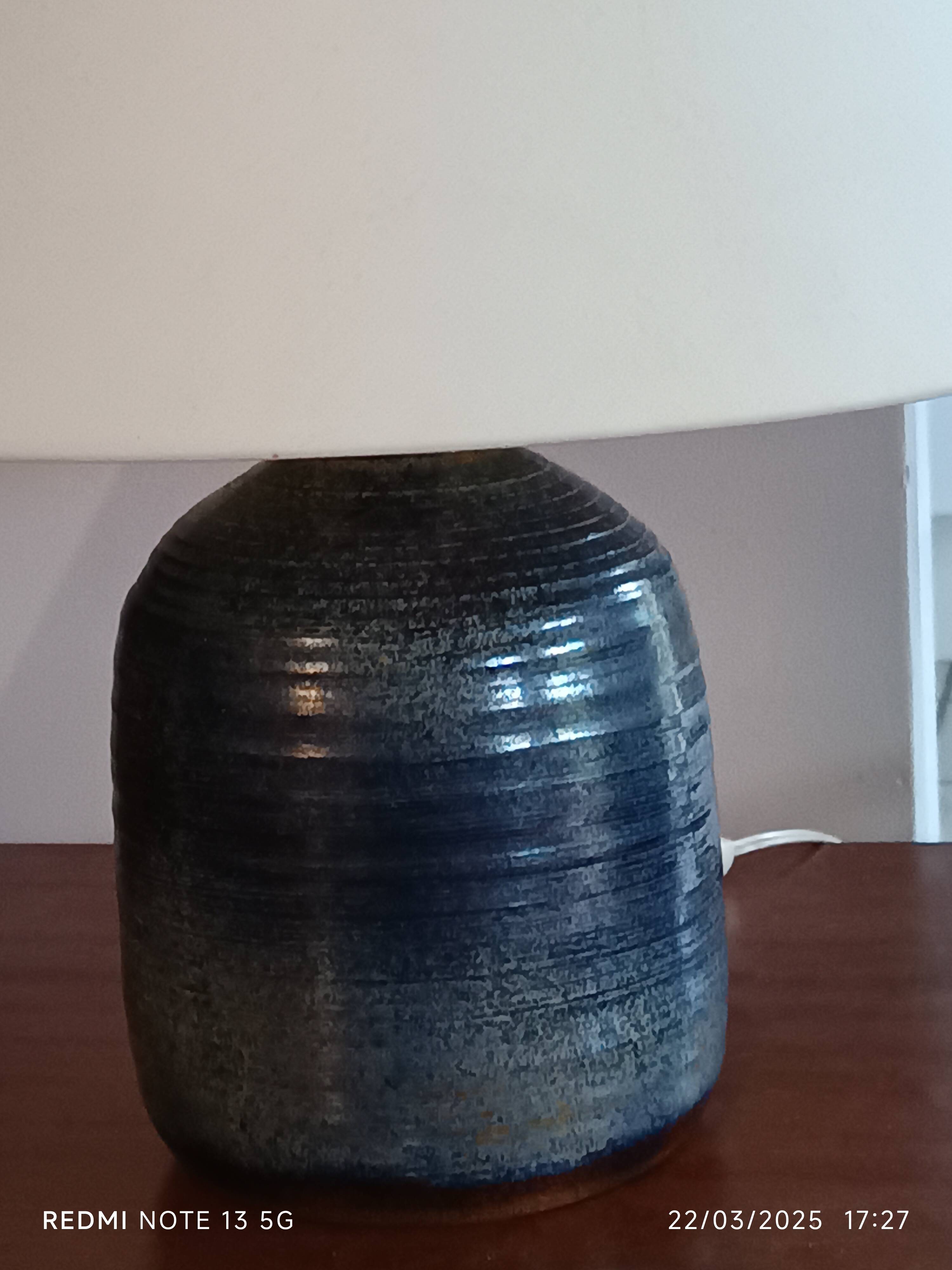 blue glazed ceramic lamp signed Ferrières 1970