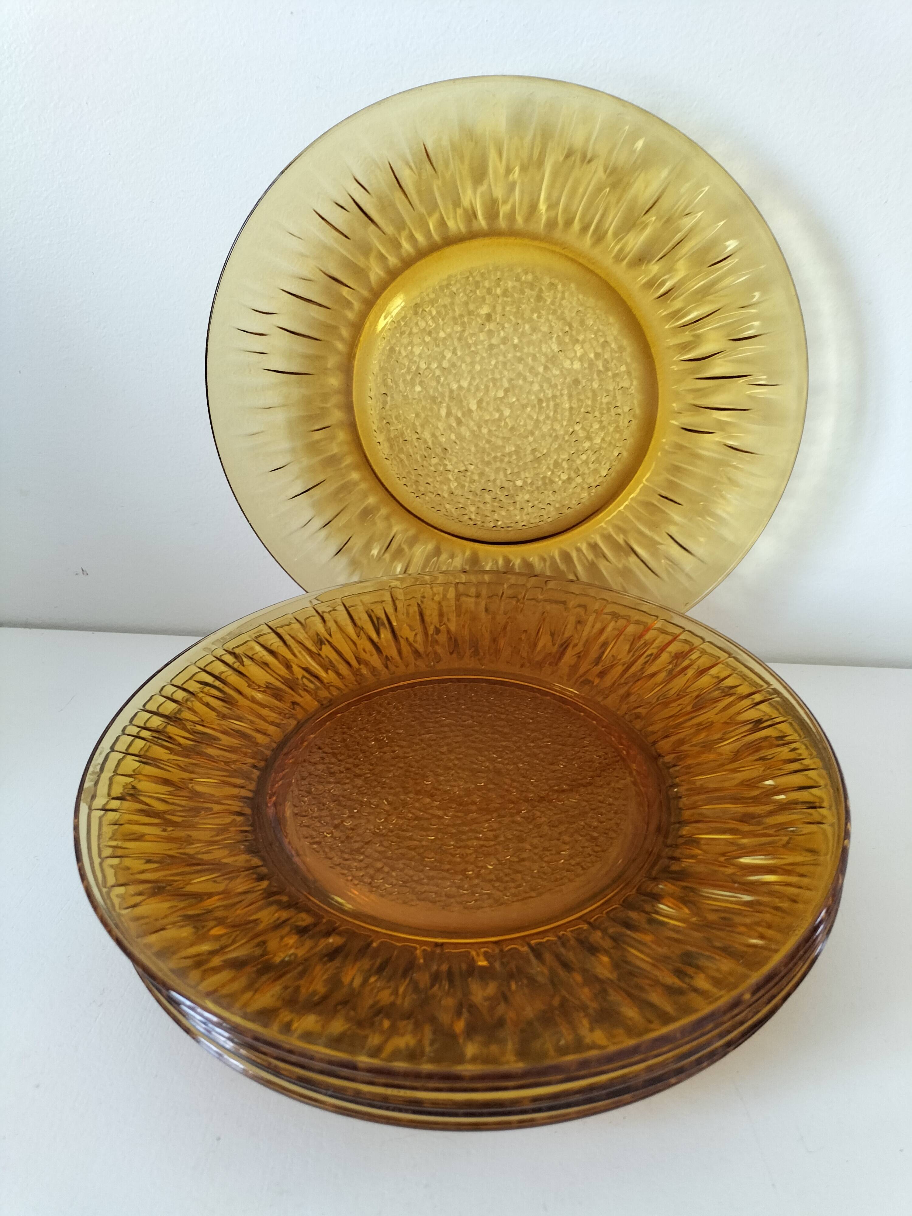Set of 6 pressed glass dessert plates with sunflower motif Vereco