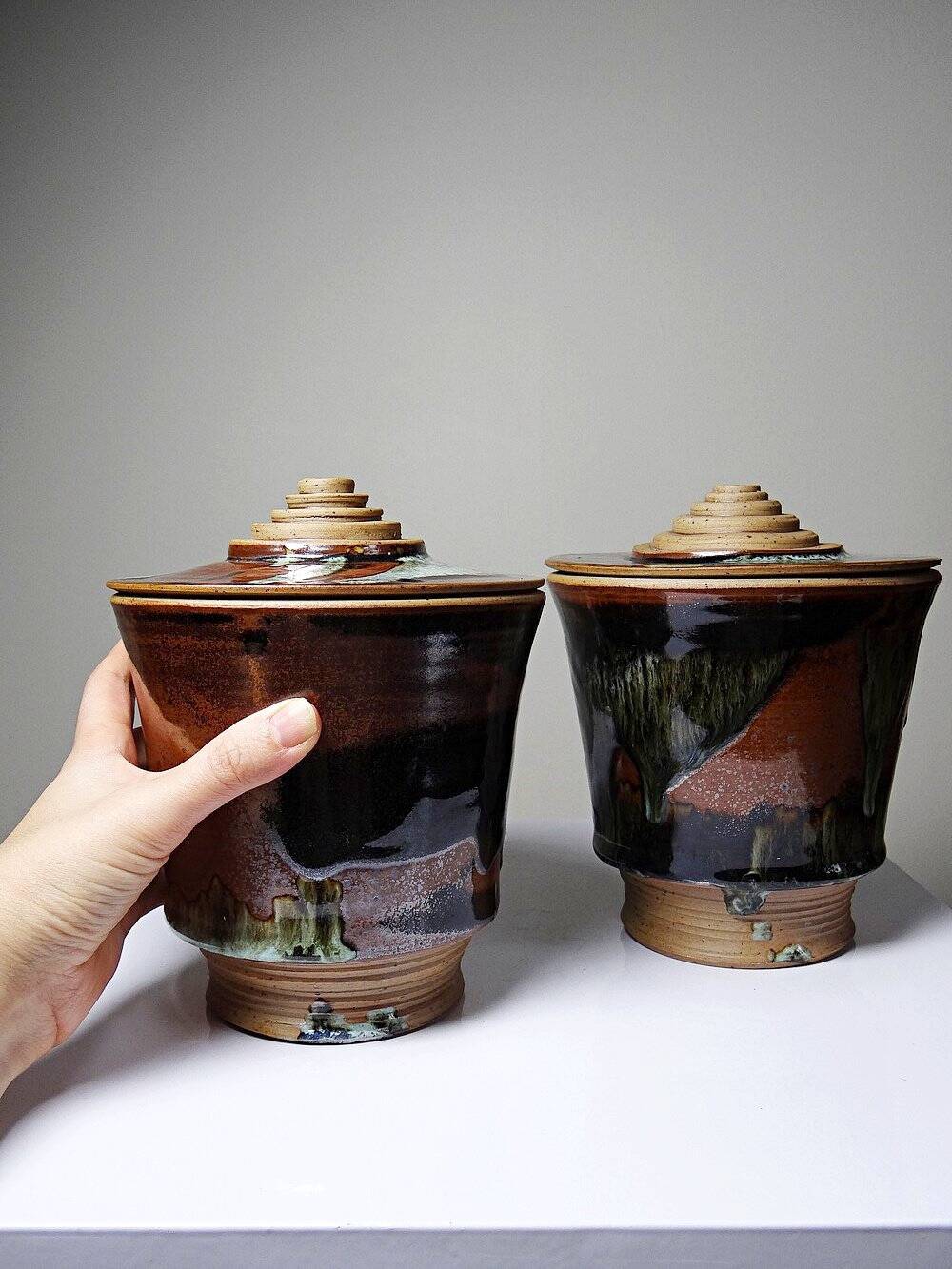 Pair of vintage 80s-90s Japanese-style stoneware pots, studio pottery, handcrafted and signed