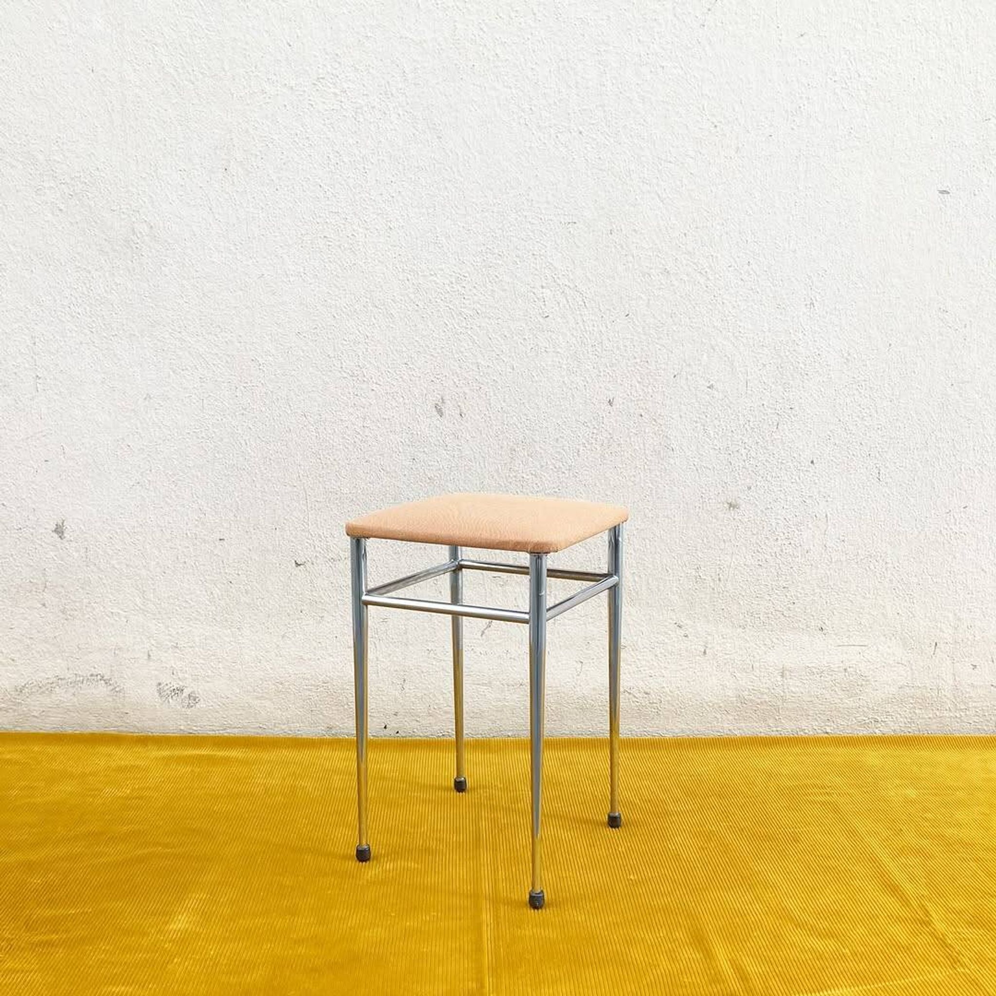 Pair of vintage stools - peach fuzz fabric seat and chrome frame