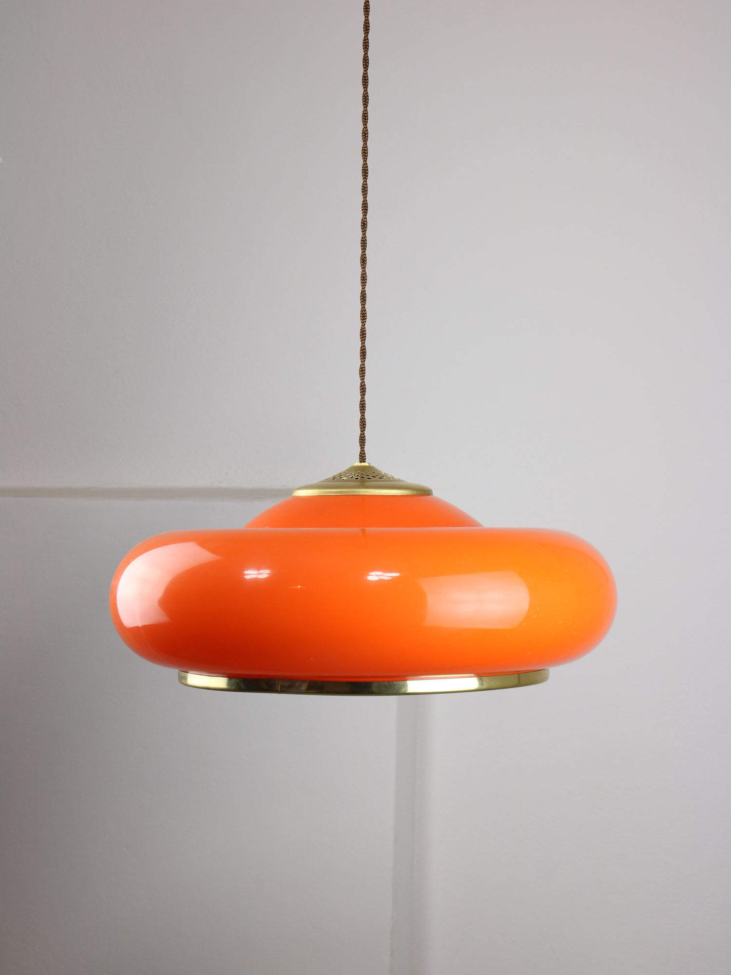Space-age orange brass and plexiglass pendant lamp 70s