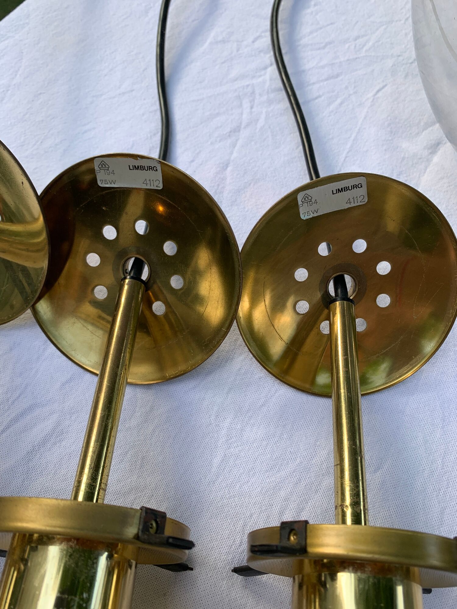 Set of three suspensions in glass and brass Limburg 70s