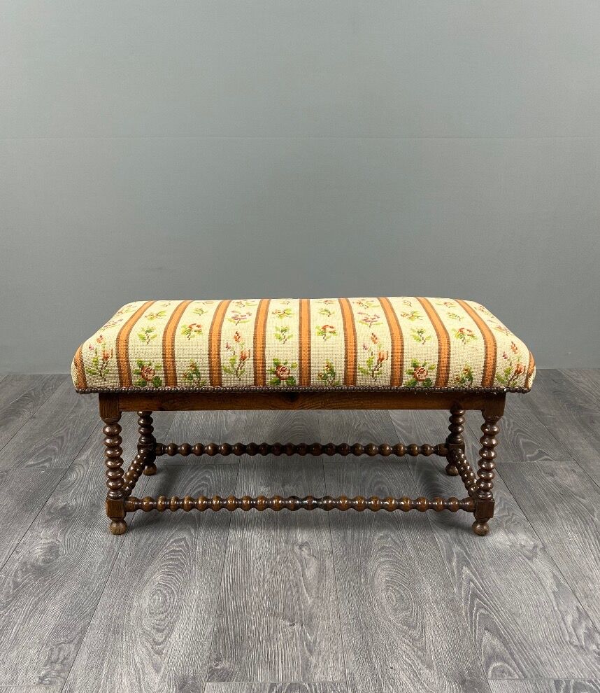 Antique Turned Wood Bench, Floral Tapestry Seat, 20th Century