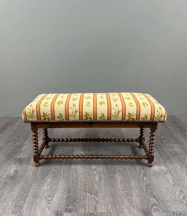 Banquette Ancienne en Bois Tourné, Assise Tapisserie Florale, XXe Siècle