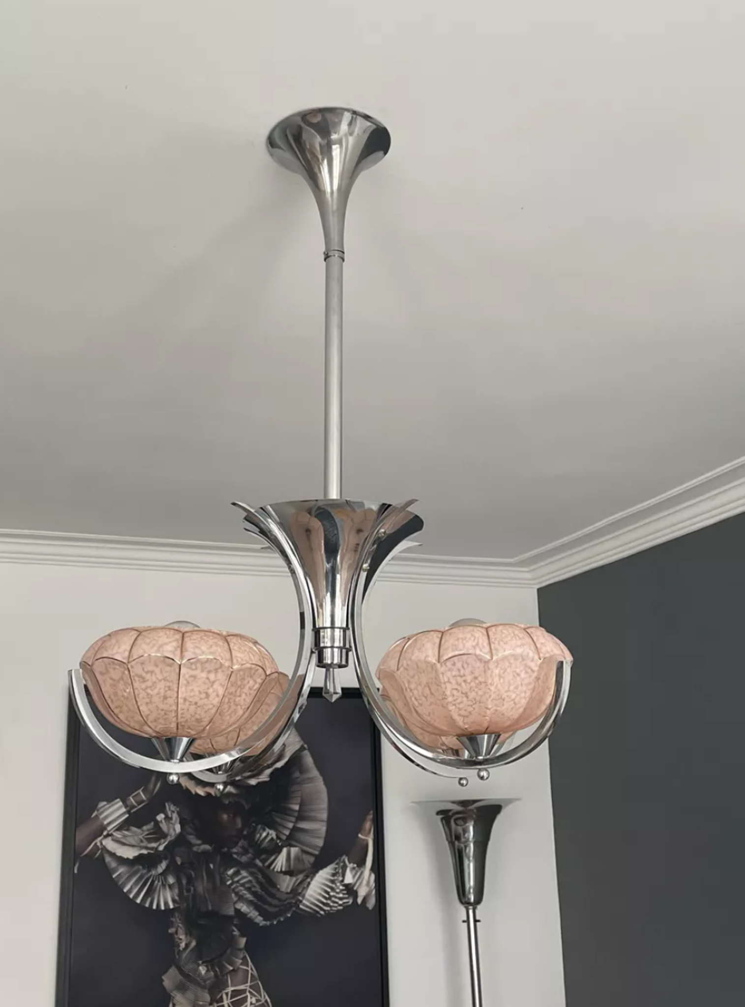 Vintage art deco chandelier, chrome and pink glass, vintage 1930