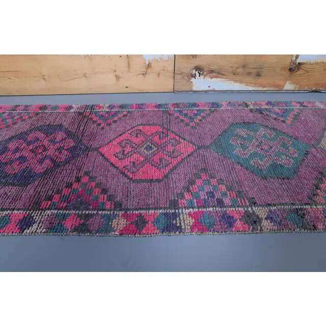 Vintage Purple Pink Natural Turkish Hand-Knotted Runner 82x355