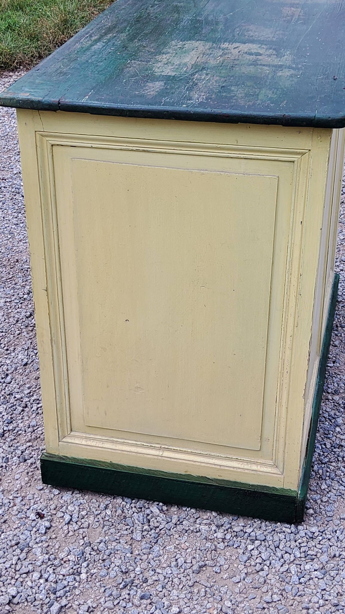 Late 19th century grocery counter in green and yellow patina painted wood