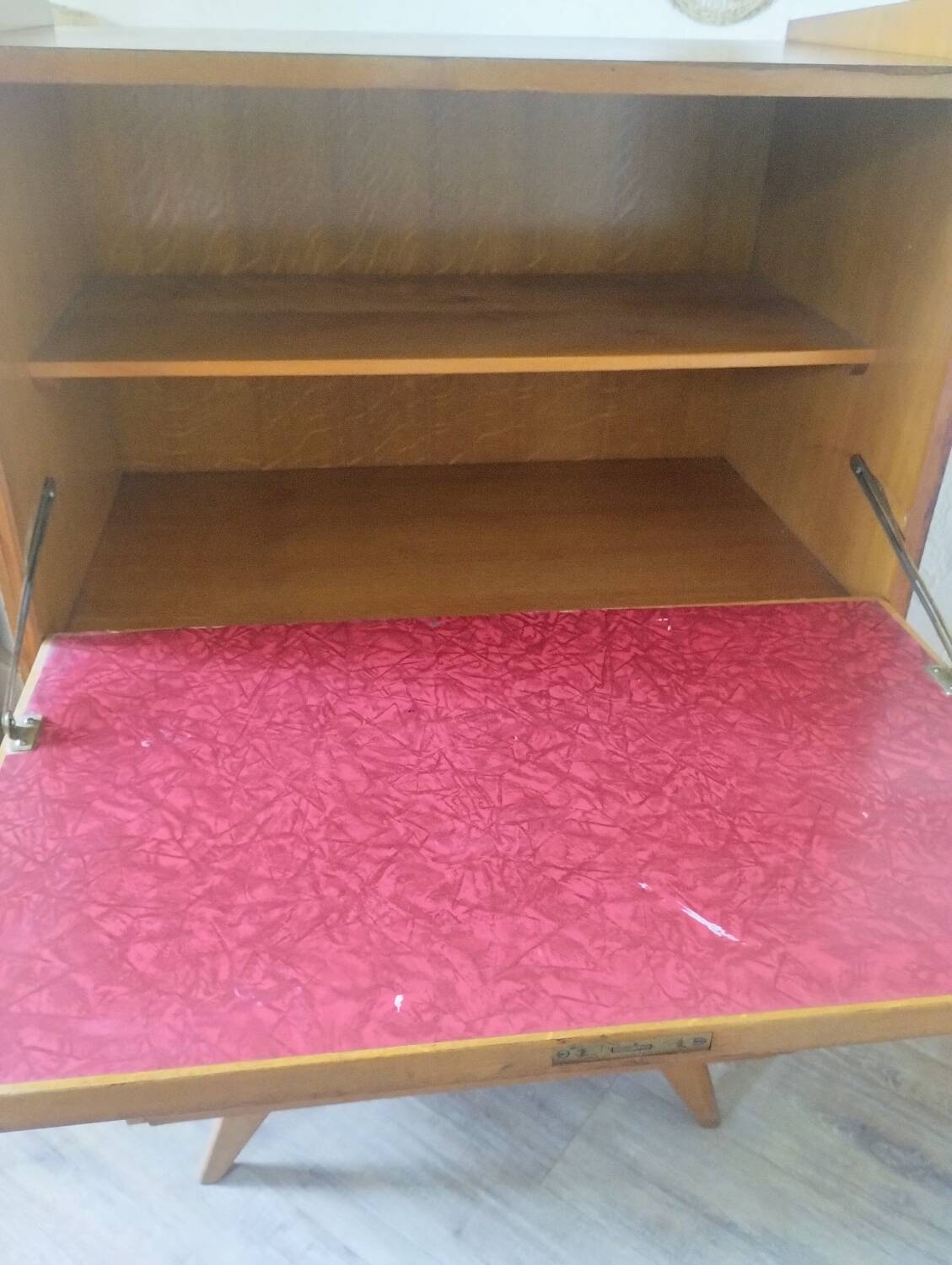 Vintage 1950s secretary desk with compass legs and gilded oak