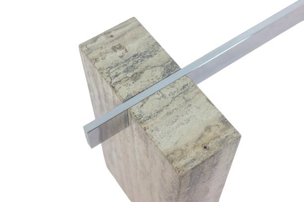 Console, or desk, in glass and travertine. 1980s.