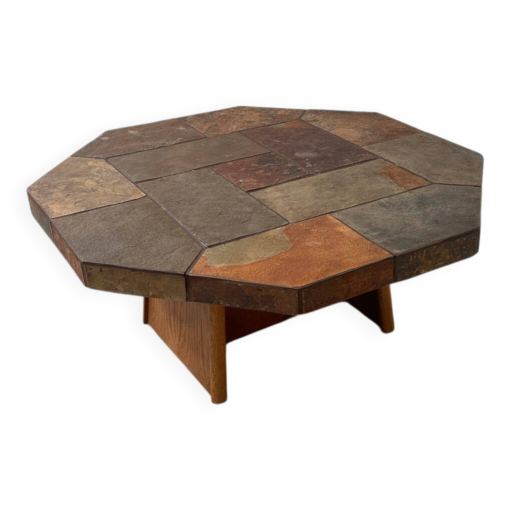 Large vintage slate mosaic coffee table, oak pedestal base, brutalist octagonal