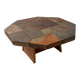 Large vintage slate mosaic coffee table, oak pedestal base, brutalist octagonal