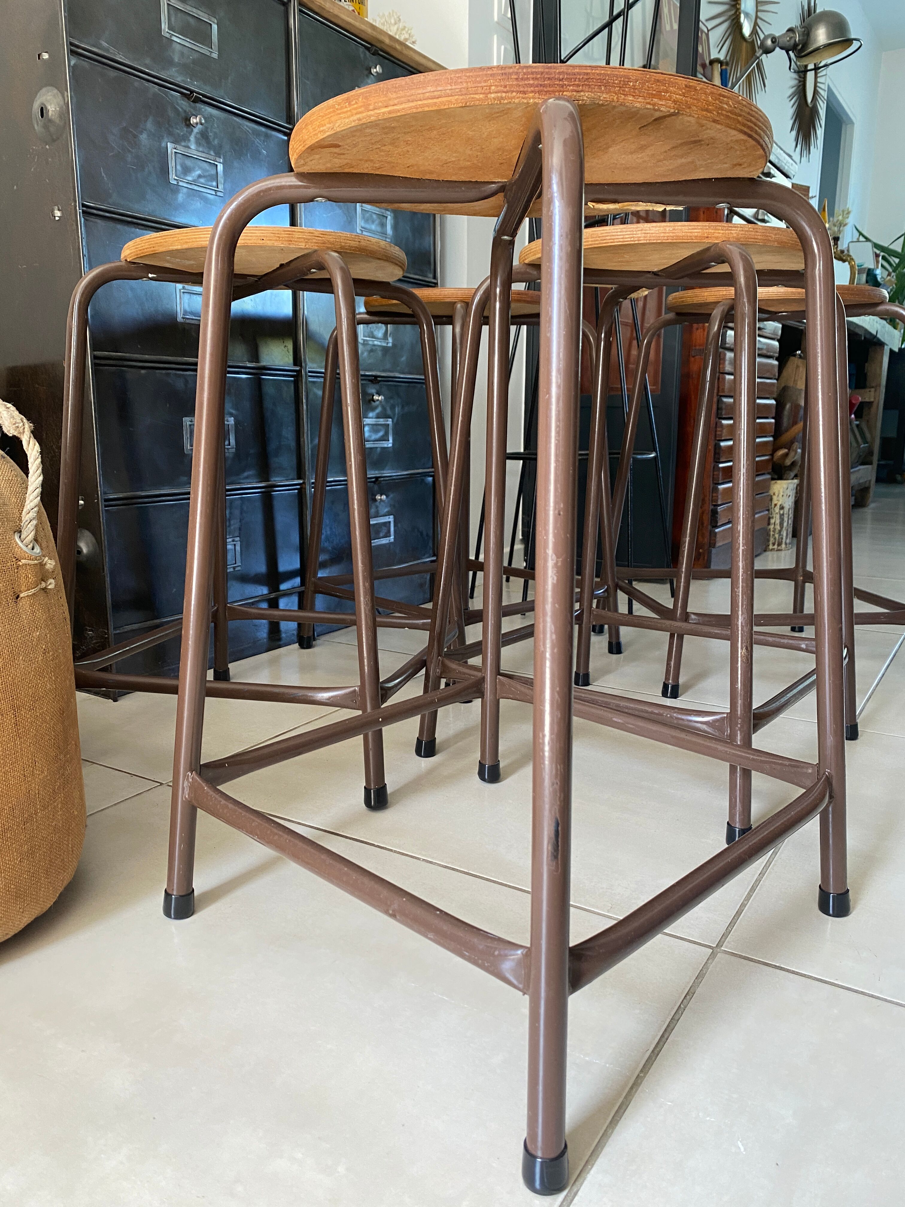 Series of 5 metal and wood workshop stools