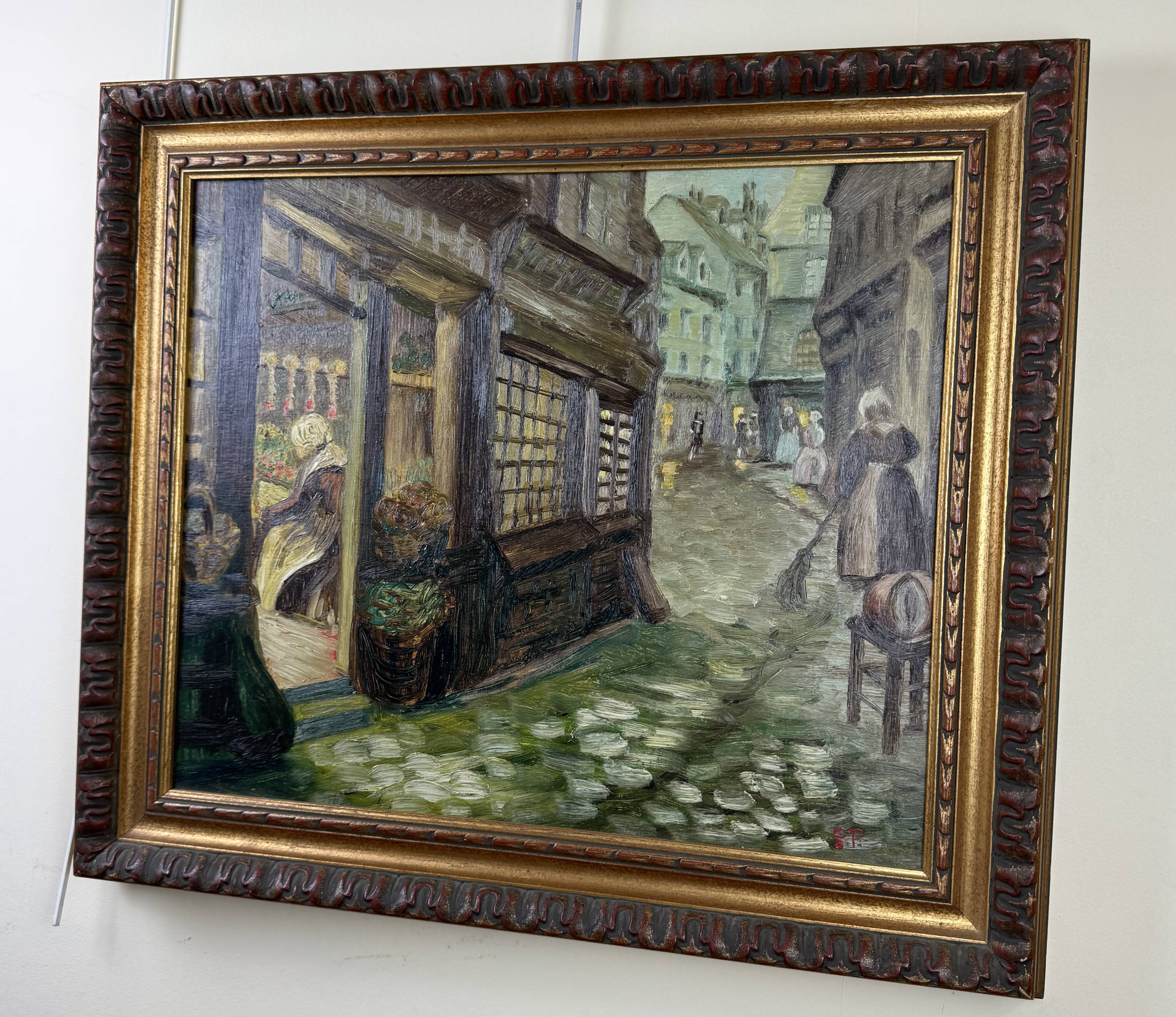 French School, early 20th century: oil on panel, lively street in Brittany