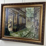 French School, early 20th century: oil on panel, lively street in Brittany