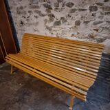 Vintage French garden bench in pine, mid-20th century.