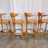 Ensemble de 4 chaises hautes de bar vintage en bois courbé avec accoudoirs / Couleur bois naturel