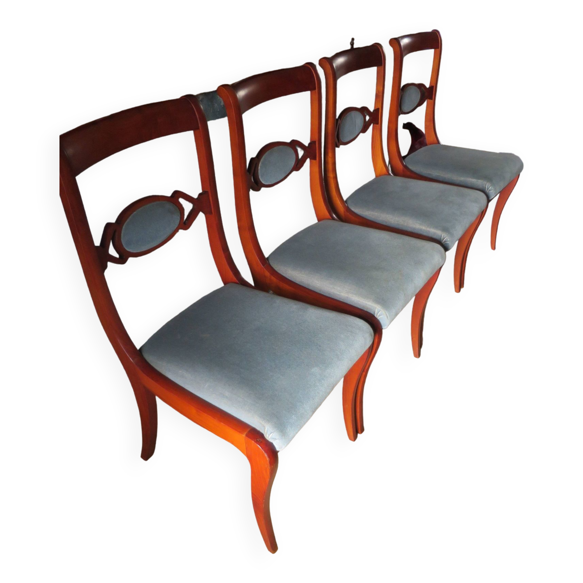 Rare - Set of 4 Louis Philippe/restoration style chairs with medallion - Colour blue / cherry wood