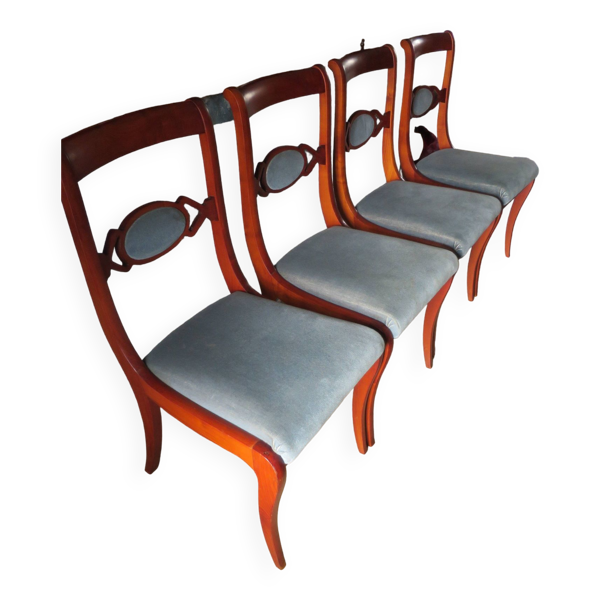 Rare- Lot de 4 chaises style Louis Philippe/restauration avec médaillon - Coloris bleu / merisier