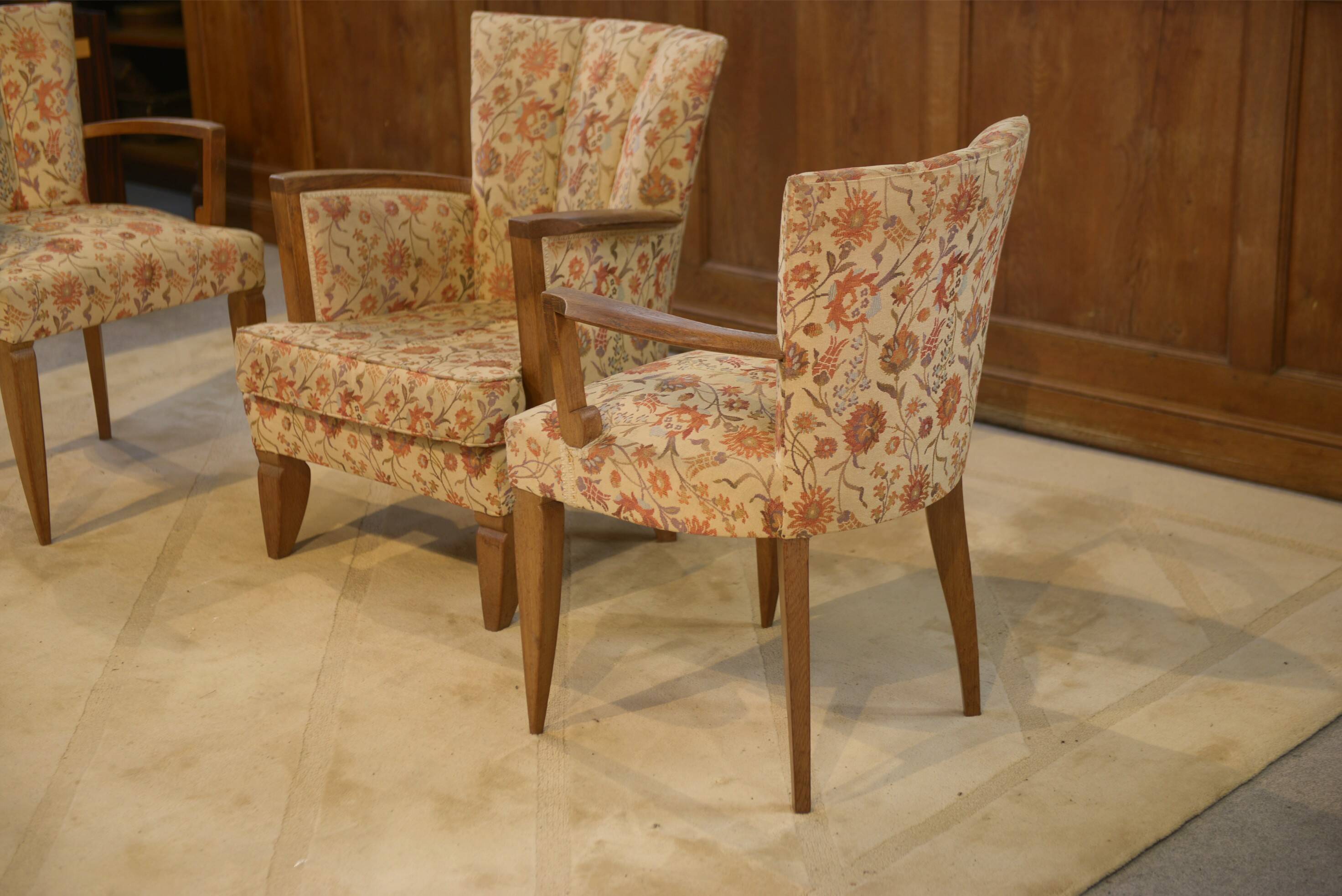 Set of 2 Bridge armchairs and one armchair attributed to Jules Leleu from the 1930s.