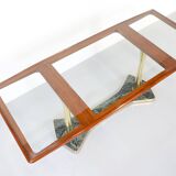 Table à manger italienne du milieu du siècle en acajou, laiton, marbre.