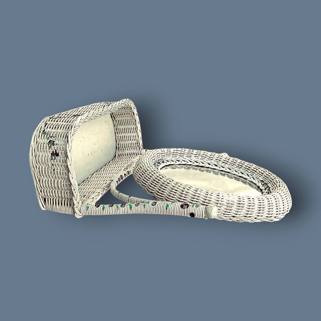 Off-white rattan vanity mirror – floral decoration – 1960s–1970s