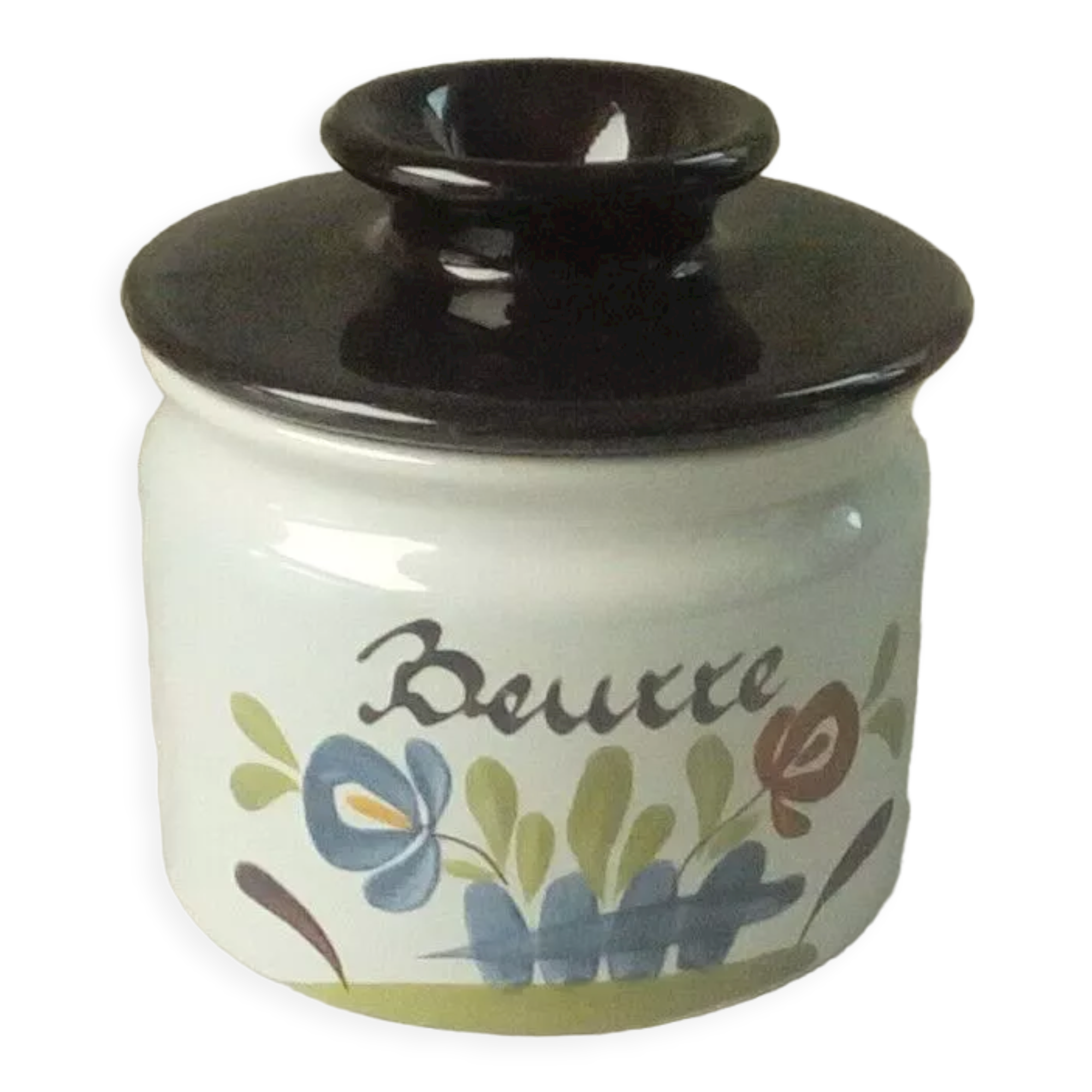 Water butter dish in faiece desvres gabriel fourmaintreau decor chaumiere