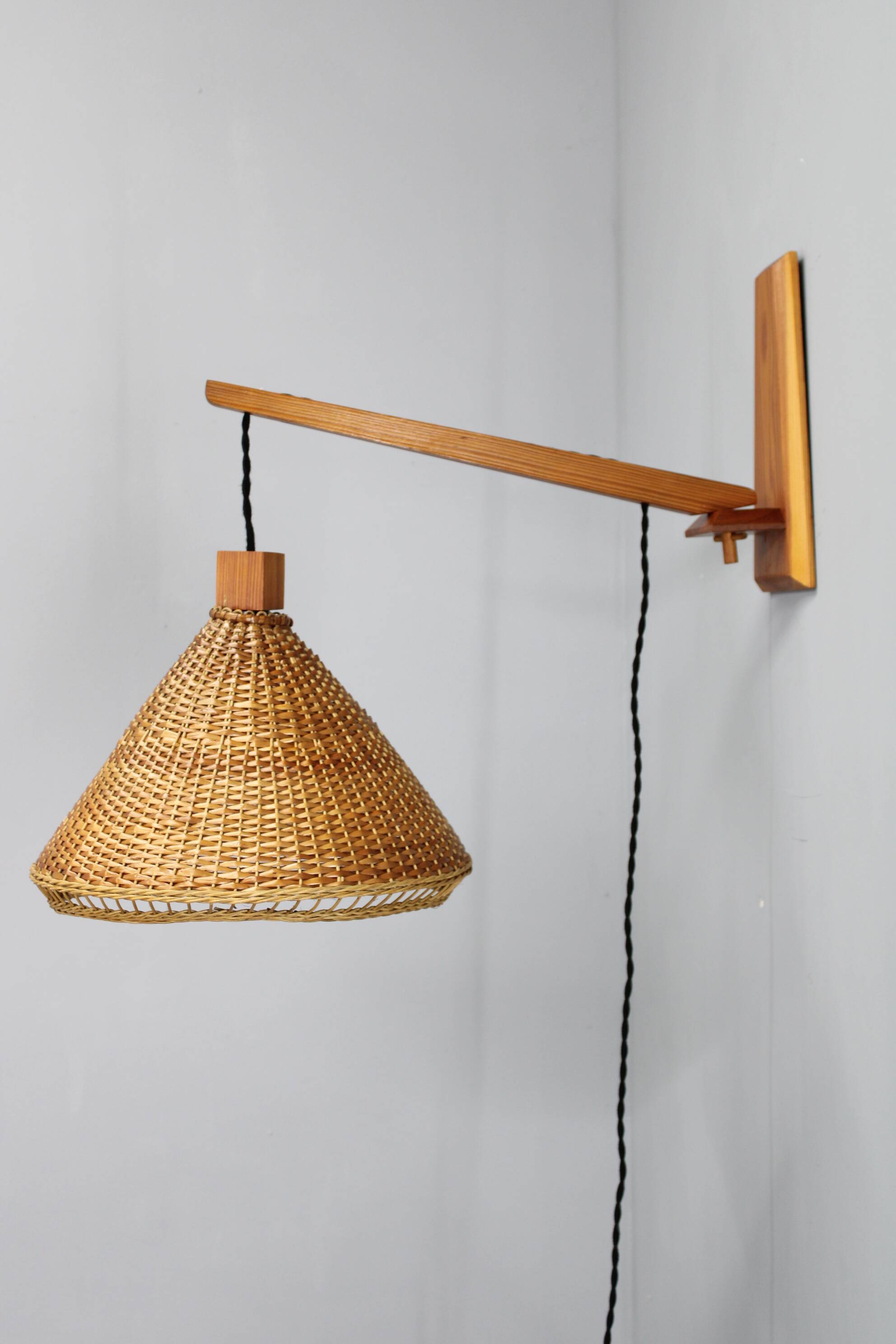 Mid-century adjustable wooden wall light with rattan shade, 1970s