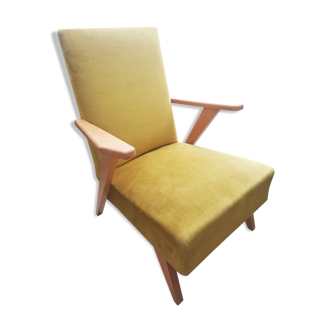 Fauteuil années 50 velours moutarde