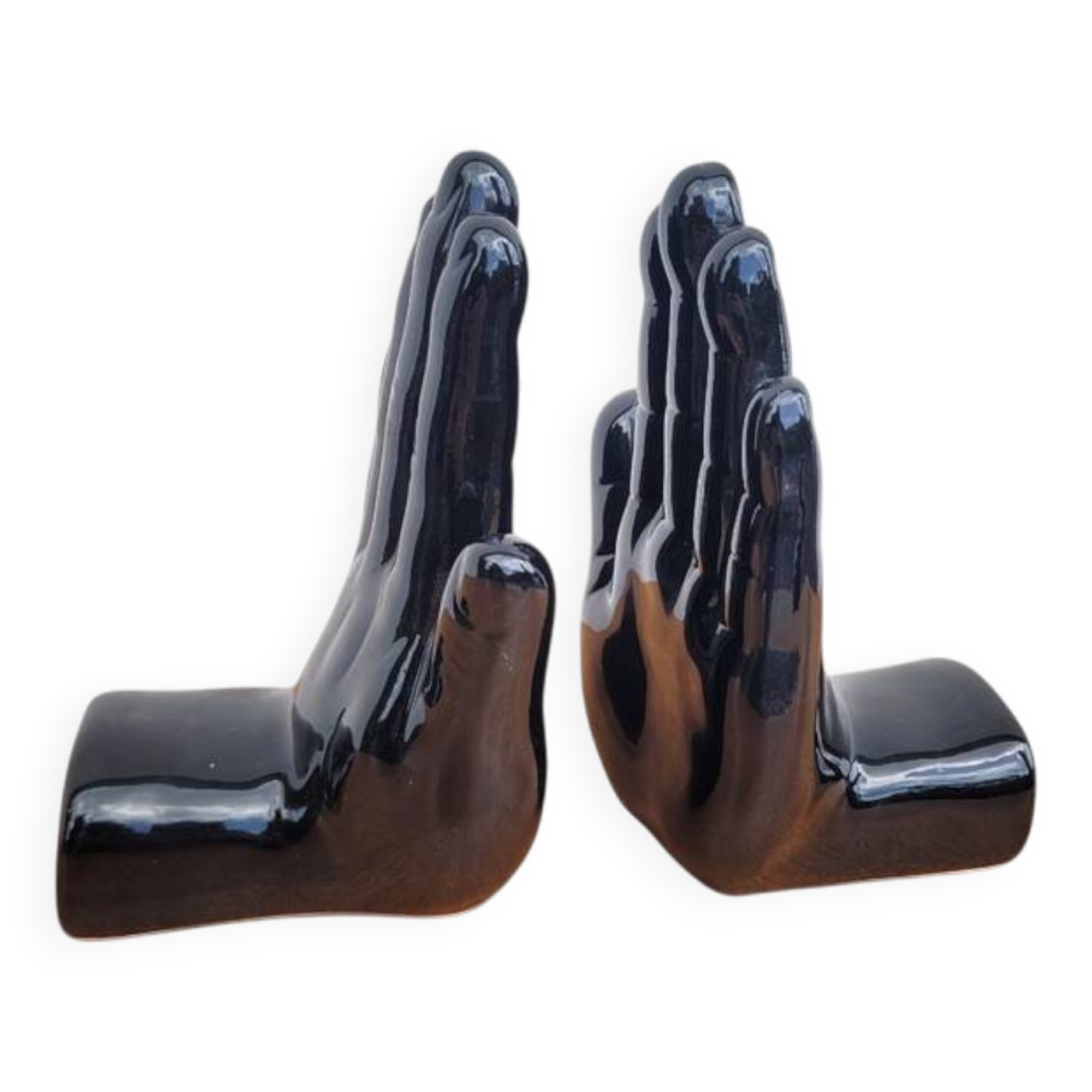 Pair of vintage black ceramic hand bookends