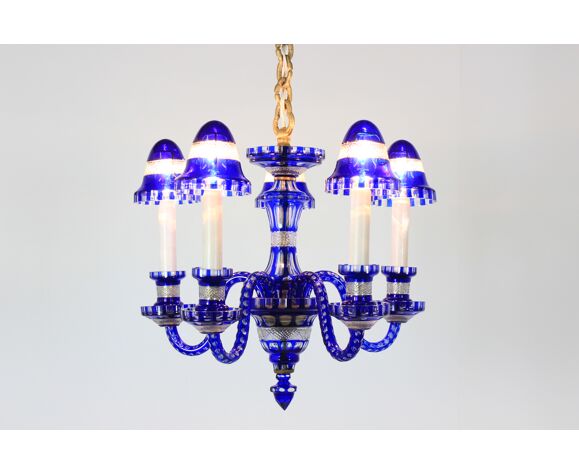 1940s Blue All Glass Chandelier Czechoslovakia Selency Glass Chandelier Czechoslovakia Selency, Cobalt Blue Bottle Chandelier