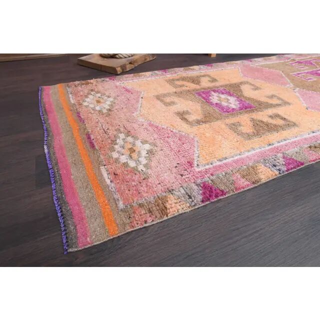 Vintage Turkish Hand-Knotted Wool Cotton Pink Runner 101x333