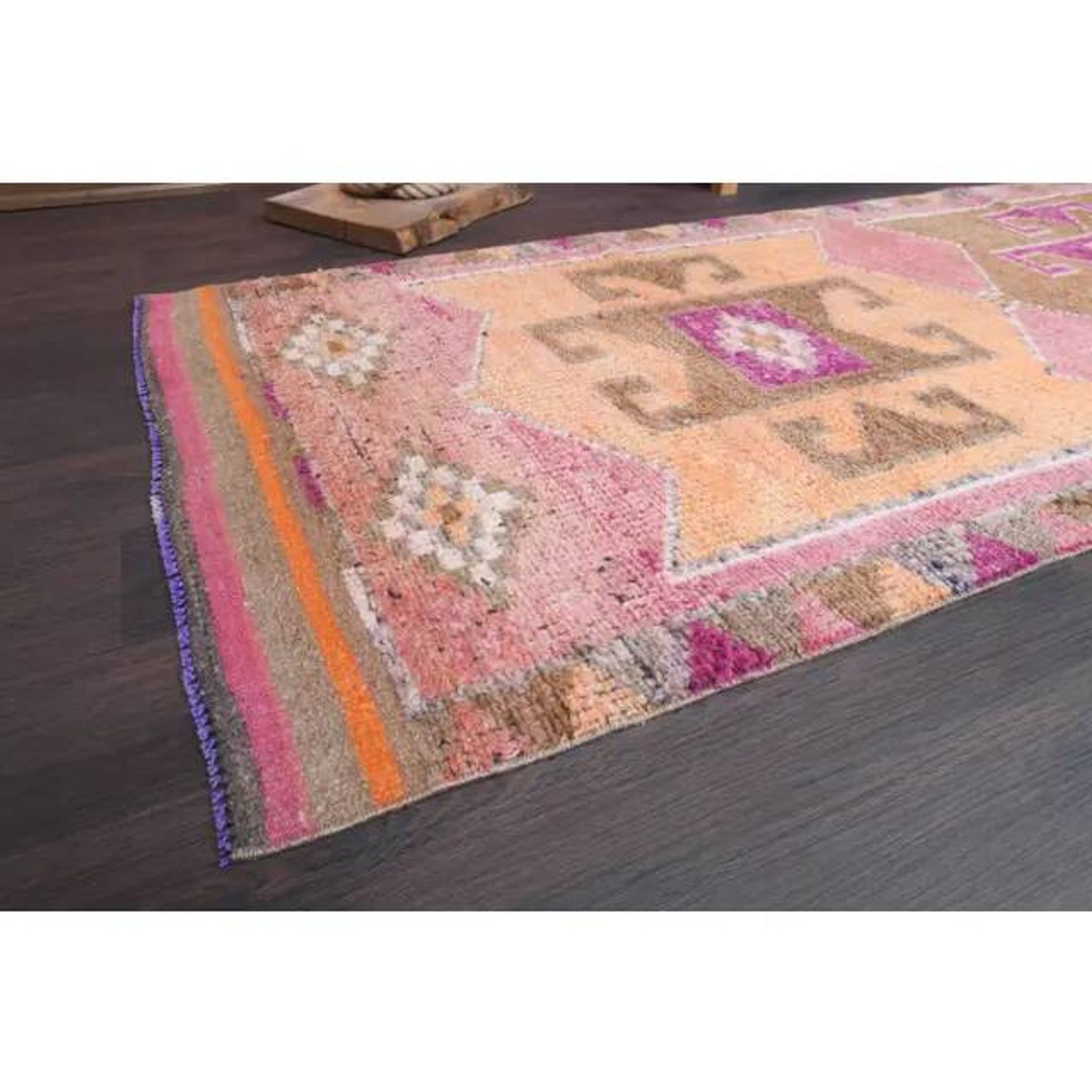 Vintage Turkish Hand-Knotted Wool Cotton Pink Runner 101x333