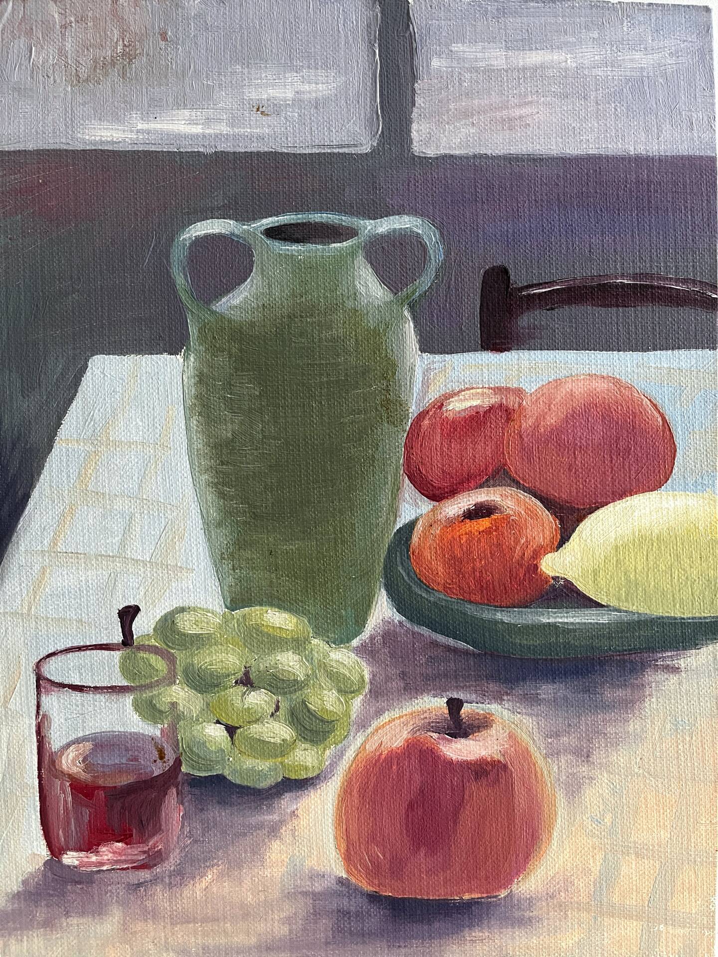Peinture ancienne huile sur carton nature morte fruits table
