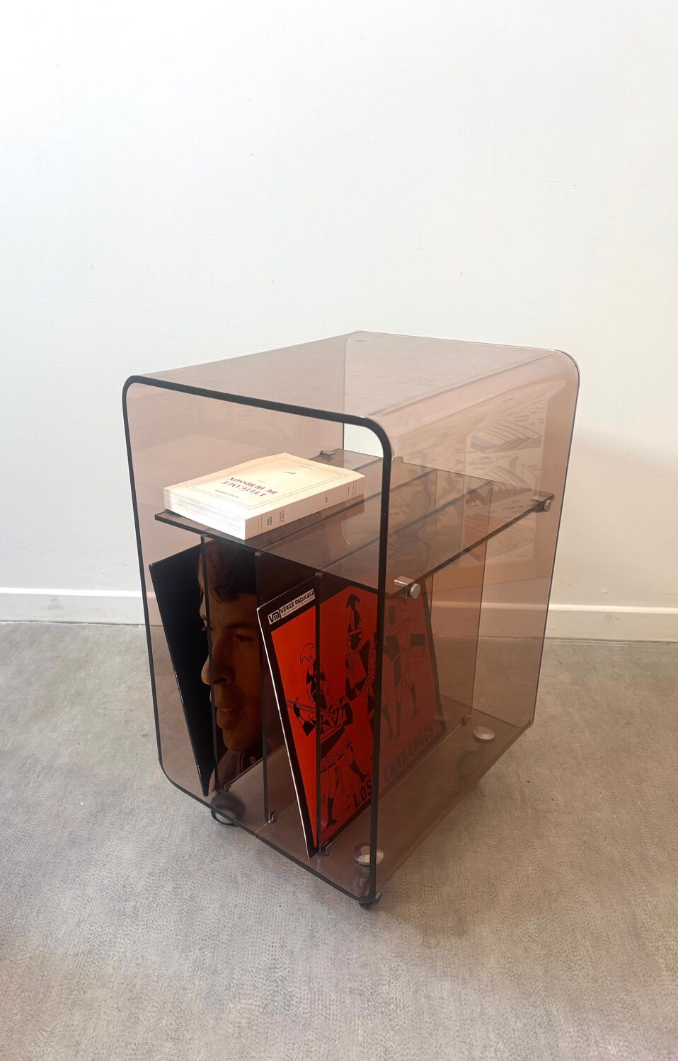 Hi-fi furniture - smoked plexiglass vinyl rack - Michel Dumas