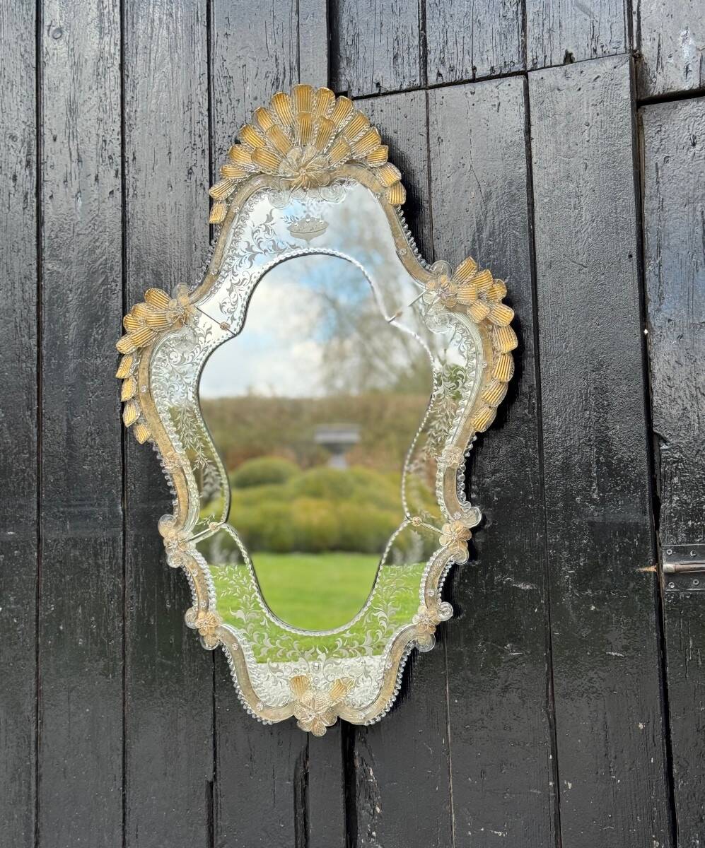 Venetian Murano Glass Mirror, Gilded with Fine Gold, Engraved Mirror, Circa 1950
