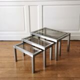 Set of 3 nesting stainless steel coffee tables 1970