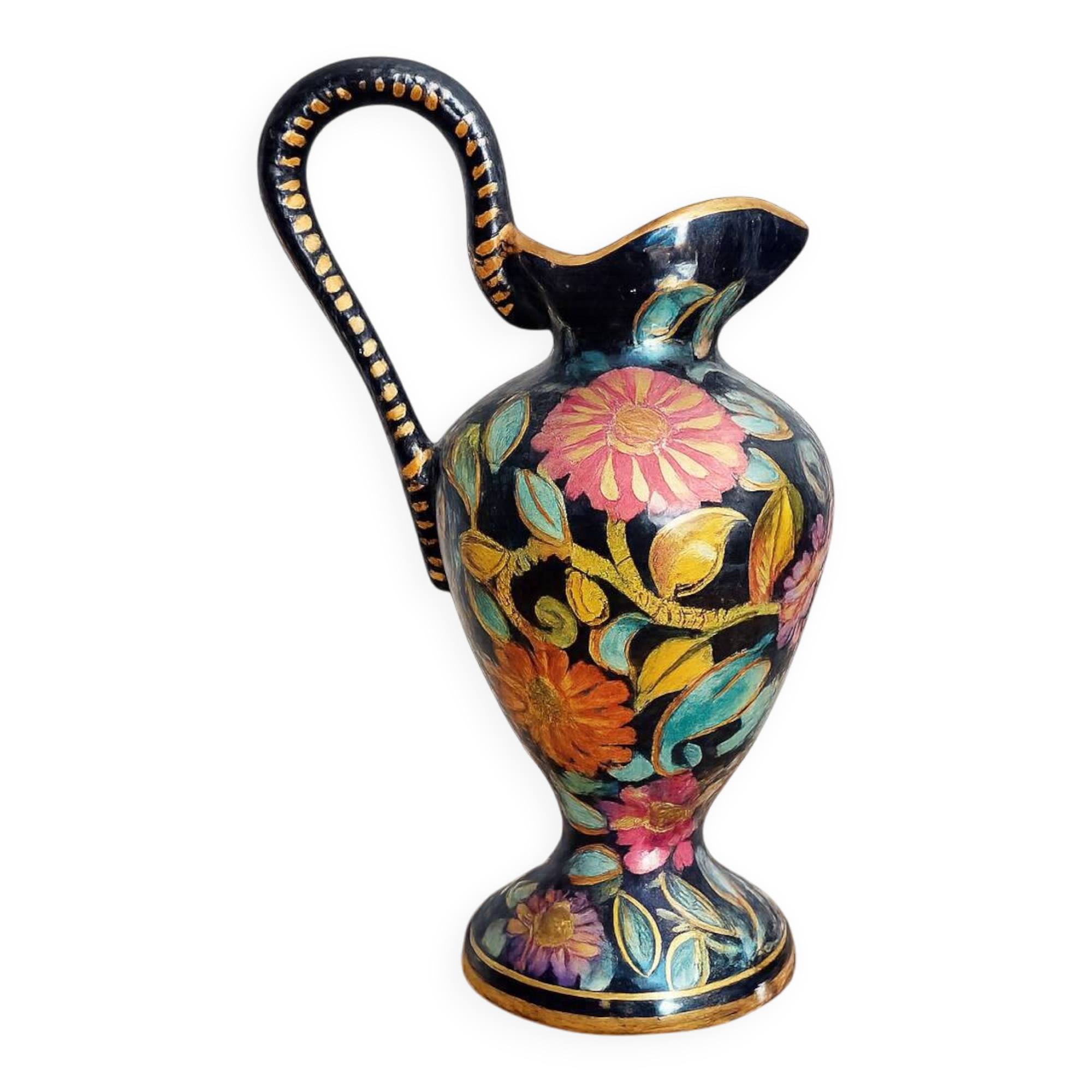 Jug in earthenware, black background and flowers. H Bequet Quaregnon