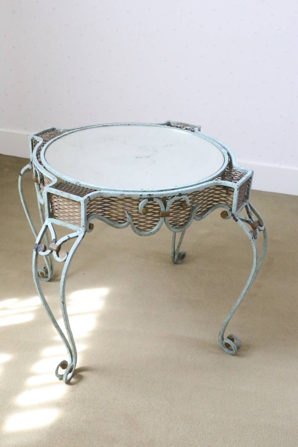 Wrought iron pedestal table mirror top 1930